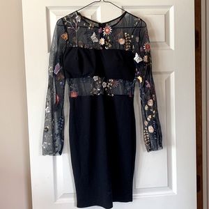 Floral embroidered dark navy mesh dress